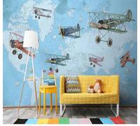 XLMING Dibujos Animados Abstracto Mapa Del Mundo Retro Aviones Papel Pintado 3D Seda De Lujo Pared Estudio Comedor Sofa Dormitorio Madera Salon Tv Decorativo-200cm×140cm