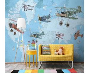 XLMING Dibujos Animados Abstracto Mapa Del Mundo Retro Aviones Papel Pintado 3D Seda De Lujo Pared Estudio Comedor Sofa Dormitorio Madera Salon Tv Decorativo-250cm×170cm