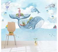 XLMING Dibujos Animados Acuarela Ballenas Aviones Globos Aerostáticos 3D Papel Pintado Tapiz Textura de Seda Oficina Comedor Sofá Dormitorio Sala Estar TV Fondo Pantalla-350cm×256cm