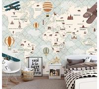 XLMING Dibujos Animados Animales Aviones Globos Aerostáticos Mapamundi Papel Pintado 3D Seda De Lujo Pared Estudio Comedor Sofa Dormitorio Madera Salon Tv Decorativo-430cm×300cm