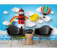 XLMING Dibujos Animados Arcoíris Globo Aerostático Faro Nubes Blancas 3D Papel Pintado Tapiz Textura de Seda Oficina Comedor Sofá Dormitorio Sala Estar TV Fondo Pantalla-350cm×256cm