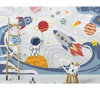 XLMING Dibujos Animados Astronauta Cohete Estrellas Planeta Papel Pintado 3D Seda De Lujo Pared Estudio Comedor Sofa Dormitorio Madera Salon Tv Decorativo-350cm×256cm