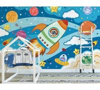 XLMING Dibujos Animados Astronauta Planeta Cielo Estrellado Cohete Papel Pintado 3D Seda De Lujo Pared Estudio Comedor Sofa Dormitorio Madera Salon Tv Decorativo-250cm×170cm