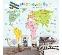 XLMING Dibujos Animados Avión Globo Aerostático Colorido Mapa Del Mundo 3D Papel Pintado Tapiz Textura de Seda Oficina Comedor Sofá Dormitorio Sala Estar TV Fondo Pantalla-300cm×210cm