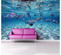 XLMING Dibujos Animados Azul Mundo Submarino Bancos De Peces Mar 3D Papel Pintado Lujo Casa Sala Decoración Estar Comedor Sofá Dormitorio TV Fondo de Pared-350cm×256cm