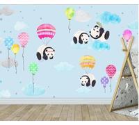 XLMING Dibujos Animados Azul Nubes Panda Globo Aerostático Papel Pintado 3D Seda De Lujo Pared Estudio Comedor Sofa Dormitorio Madera Salon Tv Decorativo-350cm×256cm