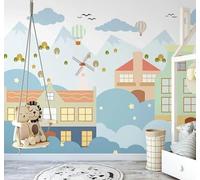 XLMING Dibujos Animados Casitas Montañas Globos Aerostáticos Paisajes Papel Pintado 3D Seda De Lujo Pared Estudio Comedor Sofa Dormitorio Madera Salon Tv Decorativo-300cm×210cm