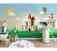 XLMING Dibujos Animados Castillo Globo Aerostático Nubes Blancas Árboles Papel Pintado 3D Seda De Lujo Pared Estudio Comedor Sofa Dormitorio Madera Salon Tv Decorativo-430cm×300cm