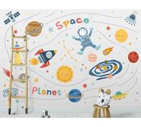 XLMING Dibujos Animados Cielo Estrellado Planeta Astronauta Cohete Papel Pintado 3D Seda De Lujo Pared Estudio Comedor Sofa Dormitorio Madera Salon Tv Decorativo-350cm×256cm