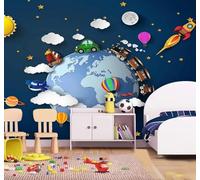 XLMING Dibujos Animados Cielo Estrellado Tierra Trenecito Globos Cohetes 3D Papel Pintado Lujo Casa Sala Decoración Estar Comedor Sofá Dormitorio TV Fondo de Pared-200cm×140cm