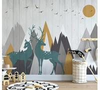 XLMING Dibujos Animados Cimas De Montañas Pájaros Volando Amanecer Alces 3D Papel Pintado Tapiz Textura de Seda Oficina Comedor Sofá Dormitorio Sala Estar TV Fondo Pantalla-300cm×210cm