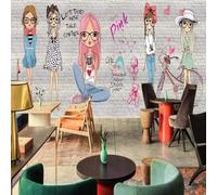 XLMING Dibujos Animados Colorido Lindo Chicas Retro Pared De Ladrillos 3D Papel Pintado Pared Premium Textura Seda Estudio Comedor Vinilos Dormitorio Sofás TV Cocina-300cm×210cm