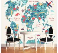 XLMING Dibujos Animados Coloridos Mapa Del Mundo Animales Avión 3D Papel Pintado Pared Premium Textura Seda Estudio Comedor Vinilos Dormitorio Sofás TV Cocina-430cm×300cm