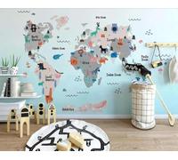 XLMING Dibujos Animados Creativo Mundo Mapa Animales Papel Pintado 3D Seda De Lujo Pared Estudio Comedor Sofa Dormitorio Madera Salon Tv Decorativo-300cm×210cm