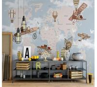 XLMING Dibujos Animados Dibujado A Mano Mapa Del Mundo Avión Globo Aerostático 3D Papel Pintado Pared Premium Textura Seda Estudio Comedor Vinilos Dormitorio Sofás TV Cocina-150cm×105cm