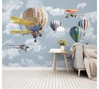 XLMING Dibujos Animados Dibujos A Mano Globos Aerostáticos Aviones Cielo Papel Pintado 3D Seda De Lujo Pared Estudio Comedor Sofa Dormitorio Madera Salon Tv Decorativo-150cm×105cm