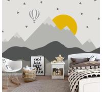 XLMING Dibujos Animados Geométrico Montañas Globo Aerostático Amanecer 3D Papel Pintado Pared Premium Textura Seda Estudio Comedor Vinilos Dormitorio Sofás TV Cocina-350cm×256cm