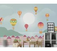 XLMING Dibujos Animados Globo Aerostático Arquitectura Urbana Luna Papel Pintado 3D Seda De Lujo Pared Estudio Comedor Sofa Dormitorio Madera Salon Tv Decorativo-300cm×210cm