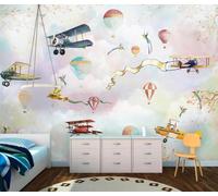 XLMING Dibujos Animados Globo Aerostático Pájaros Voladores Avión Ramas De Árbol Papel Pintado 3D Seda De Lujo Pared Estudio Comedor Sofa Dormitorio Madera Salon Tv Decorativo-400cm×280cm