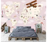 XLMING Dibujos Animados Mapa Del Mundo Avión Animales Globo Aerostático 3D Papel Pintado Pared Premium Textura Seda Estudio Comedor Vinilos Dormitorio Sofás TV Cocina-300cm×210cm