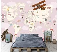XLMING Dibujos Animados Mapa Del Mundo Globo Aerostático Avión Animales 3D Papel Pintado Pared Premium Textura Seda Estudio Comedor Vinilos Dormitorio Sofás TV Cocina-400cm×280cm