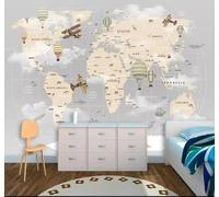 XLMING Dibujos Animados Mapa Del Mundo Globo Aerostático Velero Avión 3D Papel Pintado Pared Premium Textura Seda Estudio Comedor Vinilos Dormitorio Sofás TV Cocina-430cm×300cm