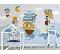 XLMING Dibujos Animados Nubes Blancas Luna Globo Aerostático Animales Papel Pintado 3D Seda De Lujo Pared Estudio Comedor Sofa Dormitorio Madera Salon Tv Decorativo-300cm×210cm