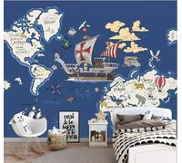 XLMING Dibujos Animados Océano Azul Mapa Del Mundo Velero 3D Papel Pintado Pared Premium Textura Seda Estudio Comedor Vinilos Dormitorio Sofás TV Cocina-150cm×105cm