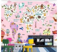 XLMING Dibujos Animados Rosa Mapamundi Animales Aviones 3D Papel Pintado Lujo Casa Sala Decoración Estar Comedor Sofá Dormitorio TV Fondo de Pared-250cm×170cm