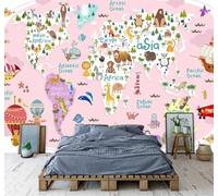 XLMING Dibujos Animados Rosa Mapamundi Animales Aviones Papel Pintado 3D Seda De Lujo Pared Estudio Comedor Sofa Dormitorio Madera Salon Tv Decorativo-150cm×105cm