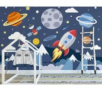 XLMING Dibujos Animados Universo Planeta Cohete Estrellas Papel Pintado 3D Seda De Lujo Pared Estudio Comedor Sofa Dormitorio Madera Salon Tv Decorativo-250cm×170cm