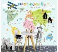 XLMING Dibujos Animados Verde Claro Acuarela Mapa Del Mundo Avión Papel Pintado 3D Seda De Lujo Pared Estudio Comedor Sofa Dormitorio Madera Salon Tv Decorativo-400cm×280cm