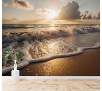 XLMING Dorado Atardecer Playa Olas Nubes 3D Papel Pintado Tapiz Textura de Seda Oficina Comedor Sofá Dormitorio Sala Estar TV Fondo Pantalla-300cm×210cm