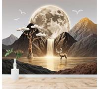 XLMING Dorado Luna Cascada Alces Paisaje De Montaña 3D Papel Pintado Tapiz Textura de Seda Oficina Comedor Sofá Dormitorio Sala Estar TV Fondo Pantalla-250cm×170cm