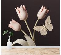 XLMING Elegancia Tulipanes Rosas Mariposas Minimalismo Flores 3D Papel Pintado Pared Premium Textura Seda Estudio Comedor Vinilos Dormitorio Sofás TV Cocina-430cm×300cm