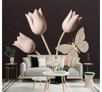 XLMING Elegancia Tulipanes Rosas Mariposas Minimalismo Flores 3D Papel Pintado Tapiz Textura de Seda Oficina Comedor Sofá Dormitorio Sala Estar TV Fondo Pantalla-300cm×210cm