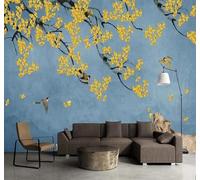 XLMING Elegante Dibujado A Mano Dorado Hojas De Ginkgo Pájaros En Vuelo 3D Papel Pintado Tapiz Textura de Seda Oficina Comedor Sofá Dormitorio Sala Estar TV Fondo Pantalla-430cm×300cm