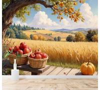 XLMING Escena De La Cosecha De Otoño Calabazas Campos De Trigo Colinas Paisaje Rural 3D Papel Pintado Pared Premium Textura Seda Estudio Comedor Vinilos Dormitorio Sofás TV Cocina-150cm×105cm