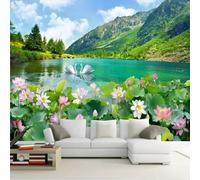 XLMING Estereoscópica Montaña Lago Swan Lotus 3D Papel Pintado Pared Premium Textura Seda Estudio Comedor Vinilos Dormitorio Sofás TV Cocina-200cm×140cm