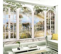 XLMING Estereoscópico Ventanas Balcón Lago Arquitectura 3D Papel Pintado Lujo Casa Sala Decoración Estar Comedor Sofá Dormitorio TV Fondo de Pared-350cm×256cm