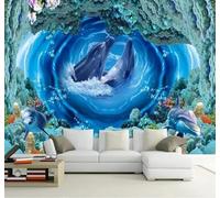 XLMING Estético Remolino Delfines Mundo Submarino Corales Papel Pintado 3D Seda De Lujo Pared Estudio Comedor Sofa Dormitorio Madera Salon Tv Decorativo-300cm×210cm