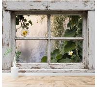 XLMING Estilo Rústico Y Vintage Vista Desde La Ventana Hojas Verdes Flores Blancas 3D Papel Pintado Tapiz Textura de Seda Oficina Comedor Sofá Dormitorio Sala Estar TV Fondo Pantalla-200cm×140cm