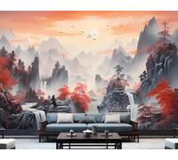 XLMING Etéreo Amanecer Paisaje Rojo Árboles Papel Pintado 3D Seda De Lujo Pared Estudio Comedor Sofa Dormitorio Madera Salon Tv Decorativo-400cm×280cm