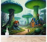 XLMING Fantástico Bosque Setas Verdes Gigantes Casas Sendero Entre La Niebla 3D Papel Pintado Pared Premium Textura Seda Estudio Comedor Vinilos Dormitorio Sofás TV Cocina-400cm×280cm