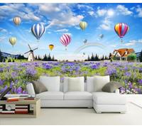 XLMING Flores Moradas Cielo Azul Nubes Blancas Globo Aerostático 3D Papel Pintado Lujo Casa Sala Decoración Estar Comedor Sofá Dormitorio TV Fondo de Pared-150cm×105cm