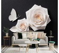 XLMING Fondo Negro Bonito Tridimensional Rosa Blanca Mariposa 3D Papel Pintado Tapiz Textura de Seda Oficina Comedor Sofá Dormitorio Sala Estar TV Fondo Pantalla-300cm×210cm