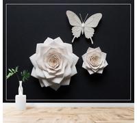 XLMING Fondo Negro Rosas Blancas Mariposas Flores Elegantes Arte 3D Papel Pintado Tapiz Textura de Seda Oficina Comedor Sofá Dormitorio Sala Estar TV Fondo Pantalla-350cm×256cm