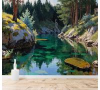XLMING Frescor Bosque Tranquilo Río Rocas Reflejos 3D Papel Pintado Tapiz Textura de Seda Oficina Comedor Sofá Dormitorio Sala Estar TV Fondo Pantalla-200cm×140cm