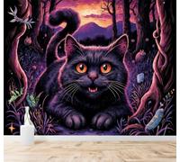 XLMING Gato Negro Bosque De Ensueño Atardecer Púrpura Montañas 3D Papel Pintado Tapiz Textura de Seda Oficina Comedor Sofá Dormitorio Sala Estar TV Fondo Pantalla-300cm×210cm