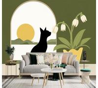 XLMING Gato Negro Flores Puesta De Sol Minimalista Vista Desde La Ventana 3D Papel Pintado Tapiz Textura de Seda Oficina Comedor Sofá Dormitorio Sala Estar TV Fondo Pantalla-250cm×170cm